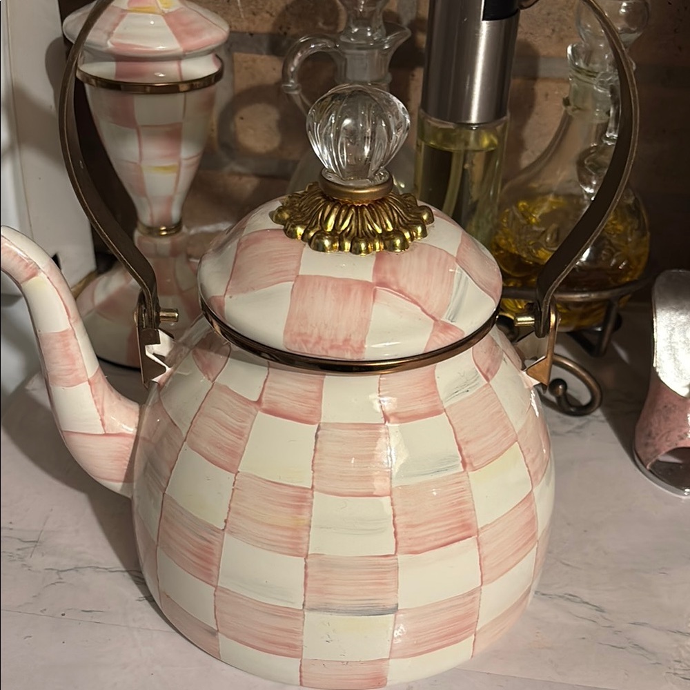 MacKenzie-Childs Pink and Cream Checkered Teapot